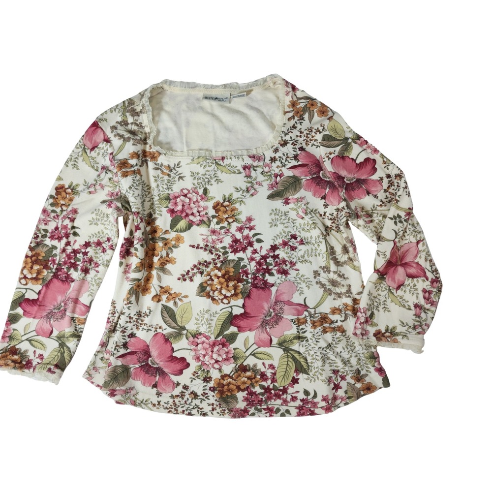 White Stag Womens Medium Floral Rose Print Square Neck Long Sleeve Cotton Top
